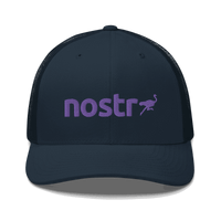 Front view of a navy blue bitcoin trucker cap.