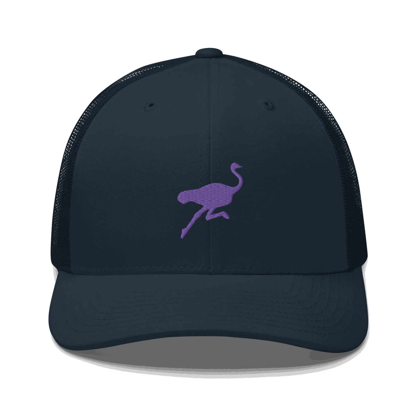 Front view of a navy blue bitcoin trucker cap.