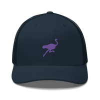 Front view of a navy blue bitcoin trucker cap.