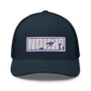 Front view of a navy blue bitcoin trucker cap.