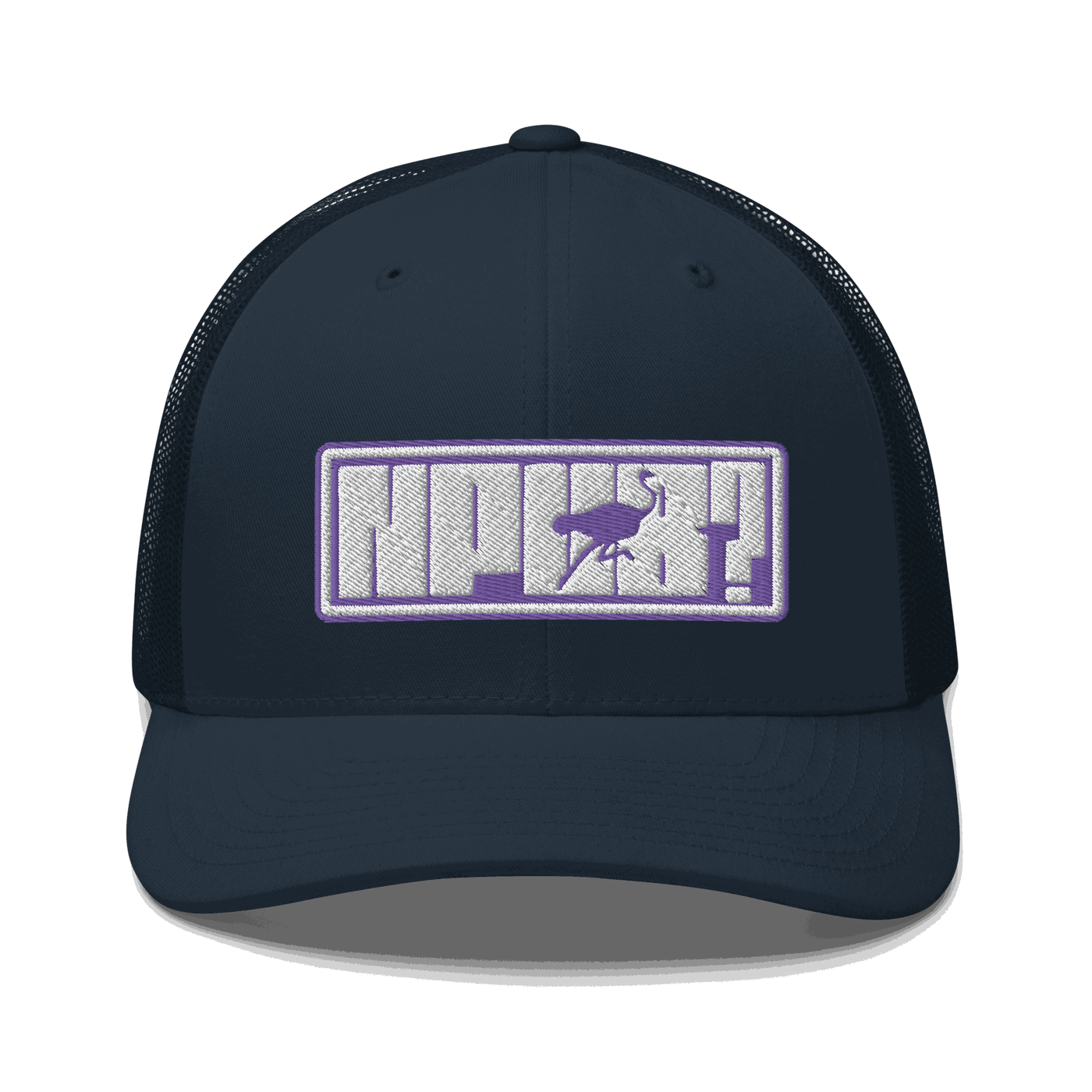 Front view of a navy blue bitcoin trucker cap.
