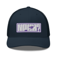 Front view of a navy blue bitcoin trucker cap.