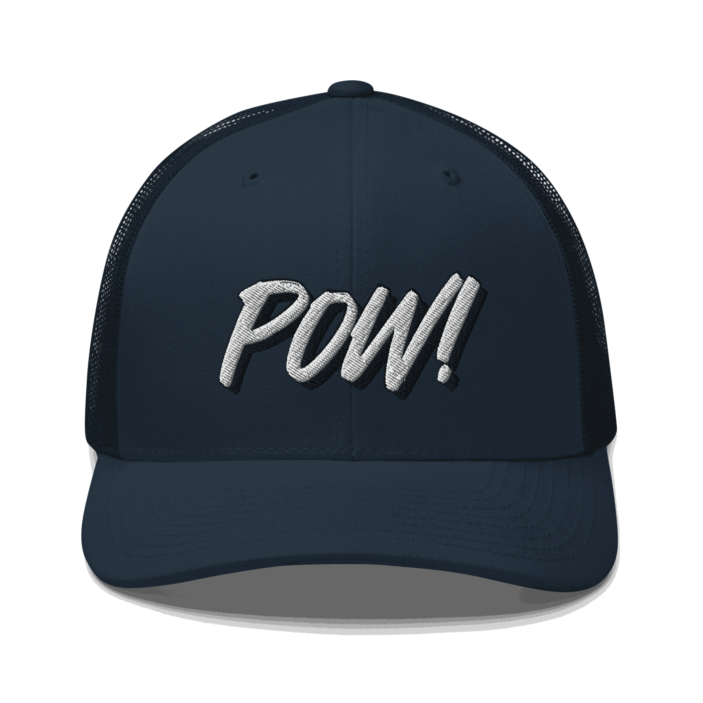 Front view of a navy blue bitcoin trucker cap.