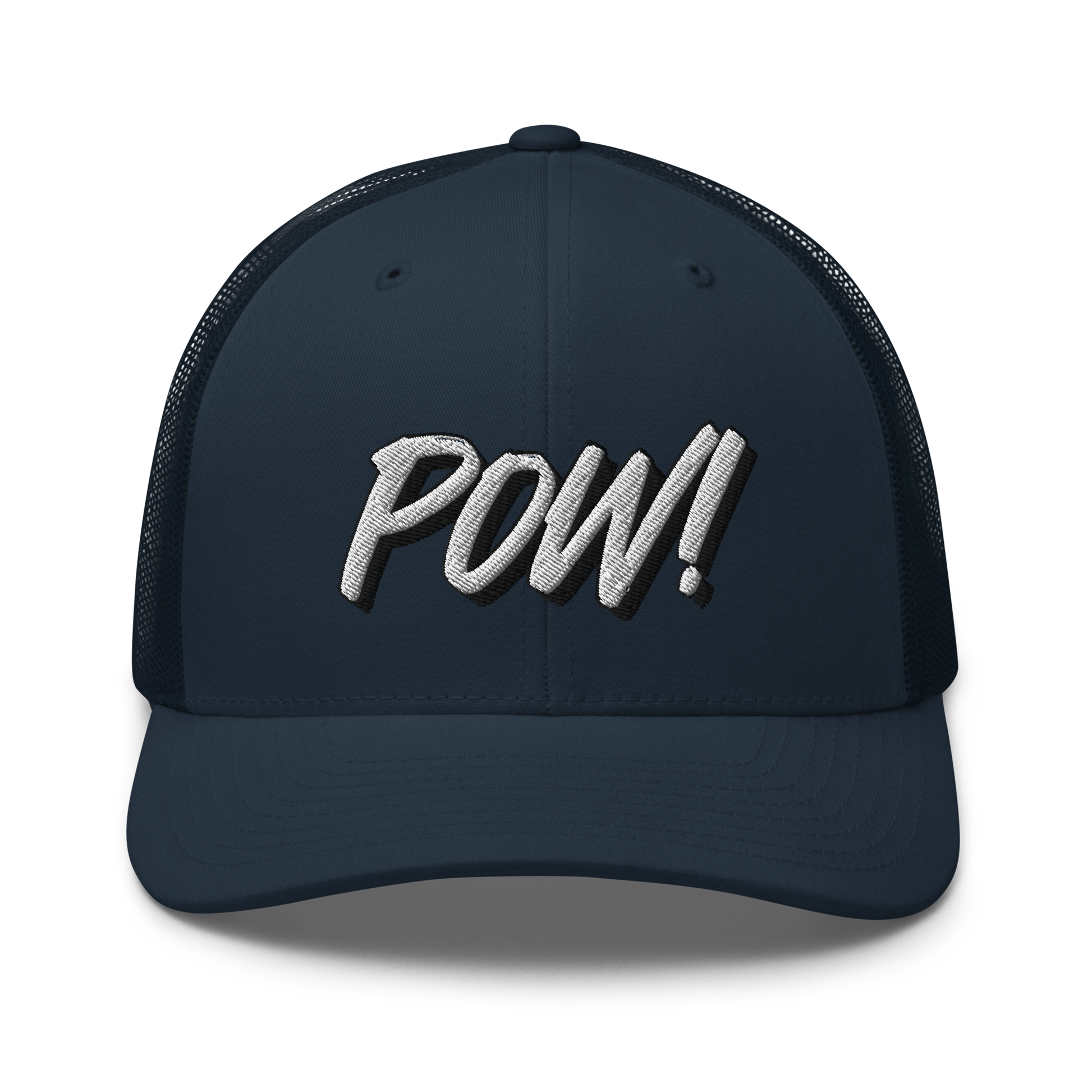 Front view of a navy blue bitcoin trucker cap.