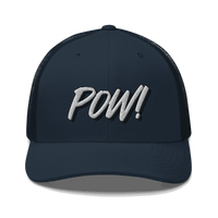 Front view of a navy blue bitcoin trucker cap.