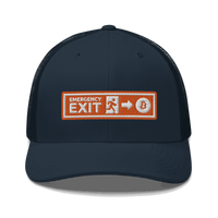 Front view of a navy blue bitcoin trucker cap.