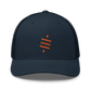 Front view of a navy blue bitcoin trucker cap.