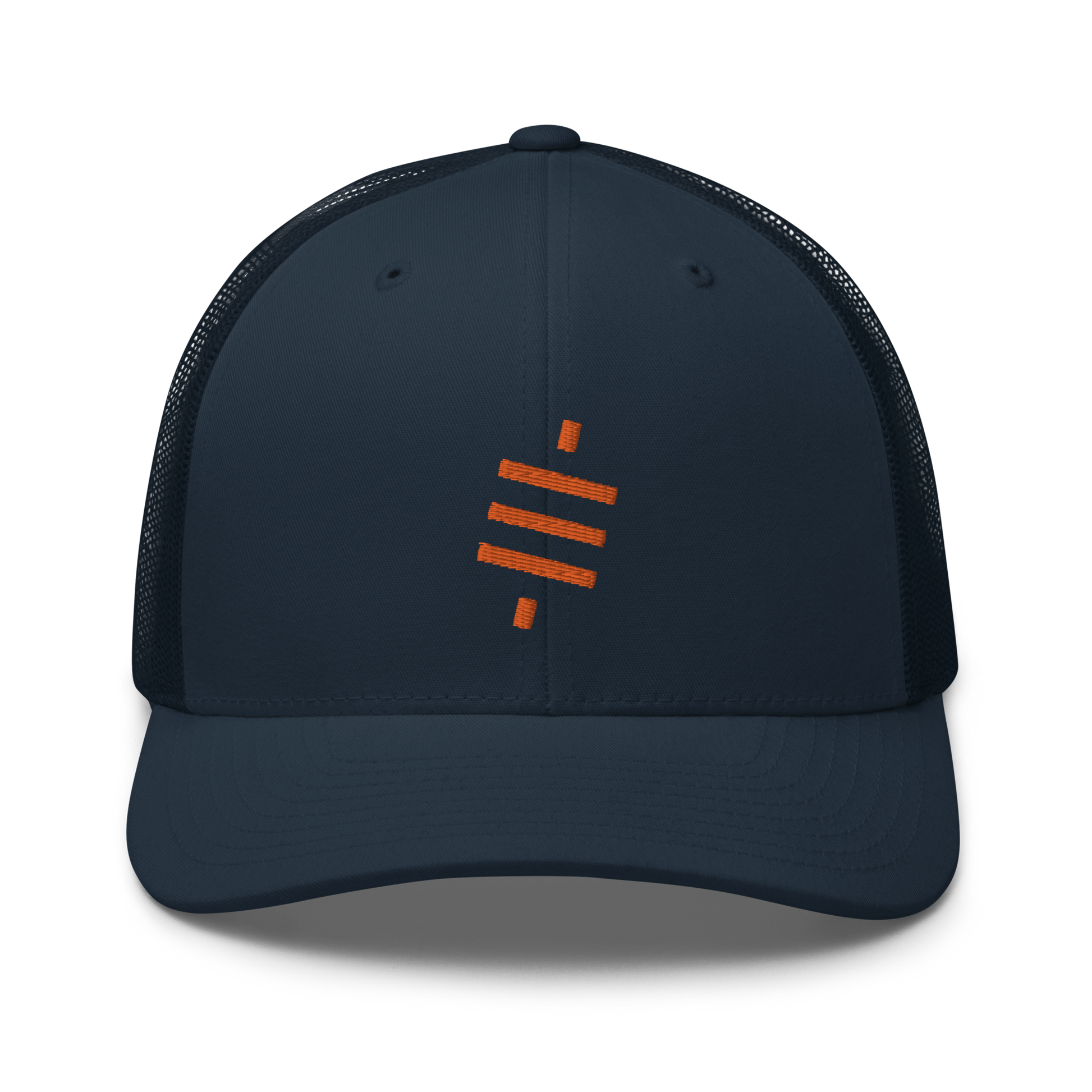 Front view of a navy blue bitcoin trucker cap.