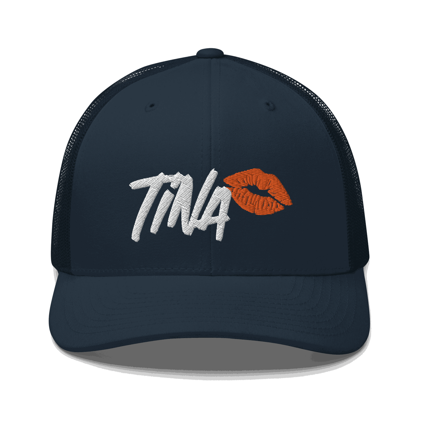 Front view of a navy blue bitcoin trucker cap.