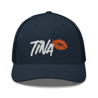 Front view of a navy blue bitcoin trucker cap.