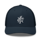 Front view of a navy blue bitcoin trucker cap.