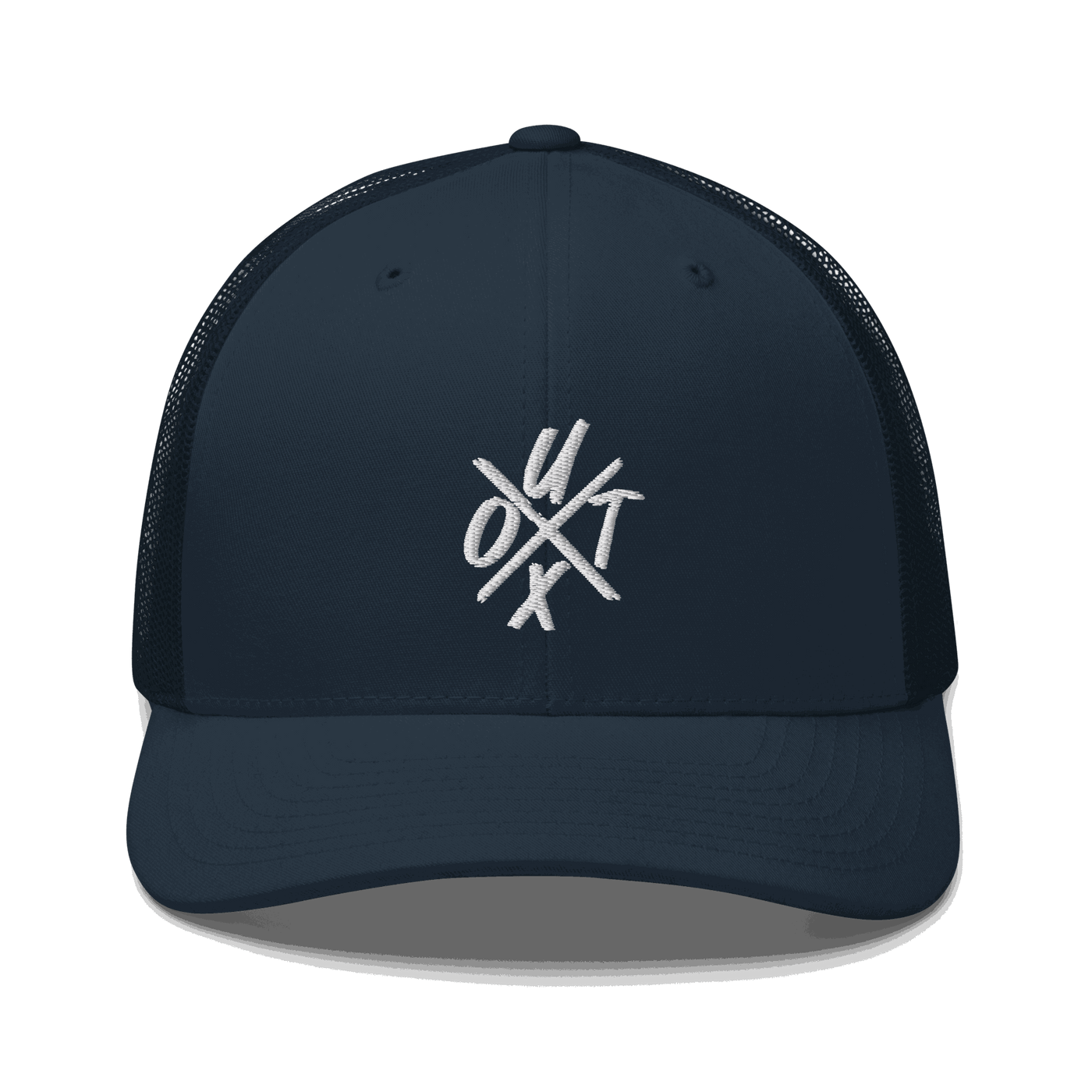 Front view of a navy blue bitcoin trucker cap.