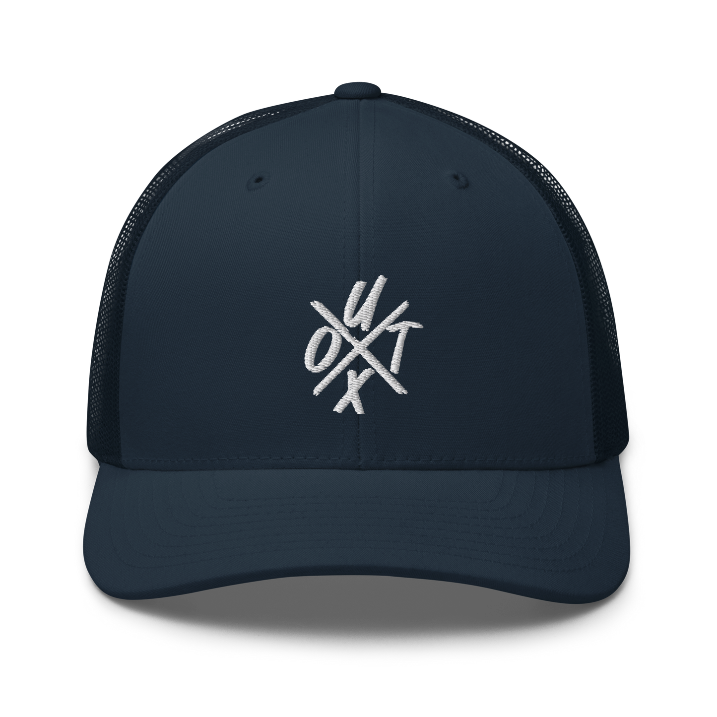 Front view of a navy blue bitcoin trucker cap.