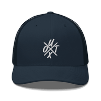 Front view of a navy blue bitcoin trucker cap.