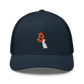 Front view of a navy blue bitcoin trucker cap.