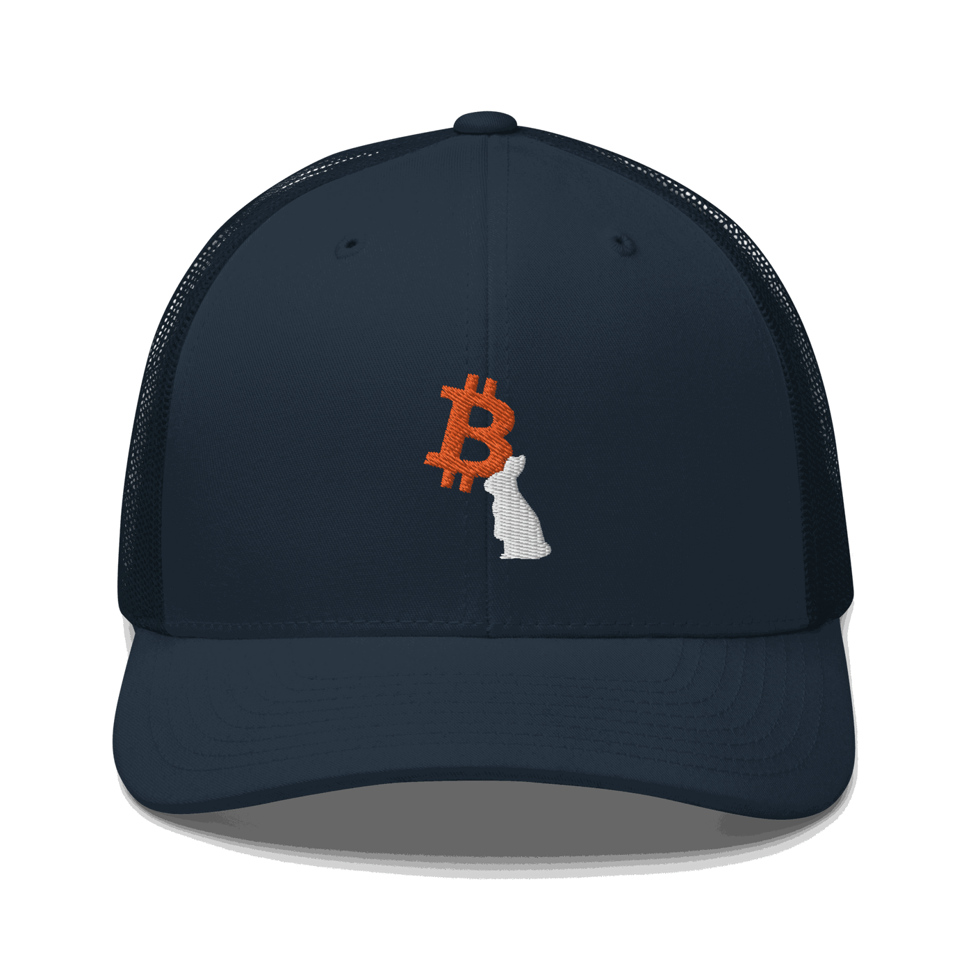 Front view of a navy blue bitcoin trucker cap.