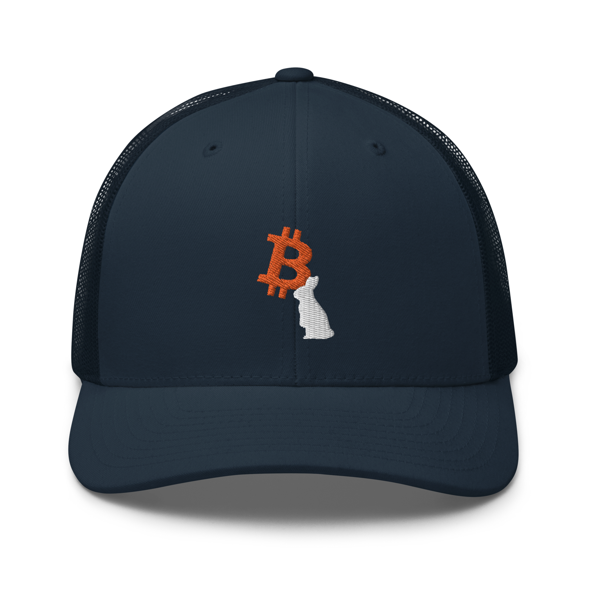 Front view of a navy blue bitcoin trucker cap.