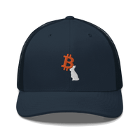 Front view of a navy blue bitcoin trucker cap.