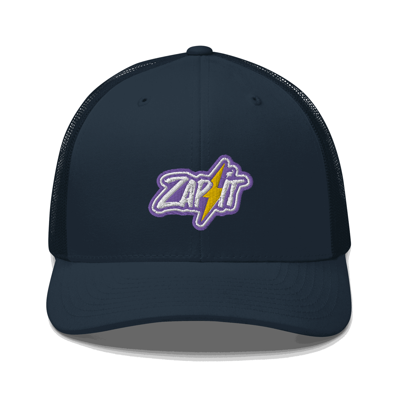 Front view of a navy blue bitcoin trucker cap.