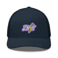Front view of a navy blue bitcoin trucker cap.