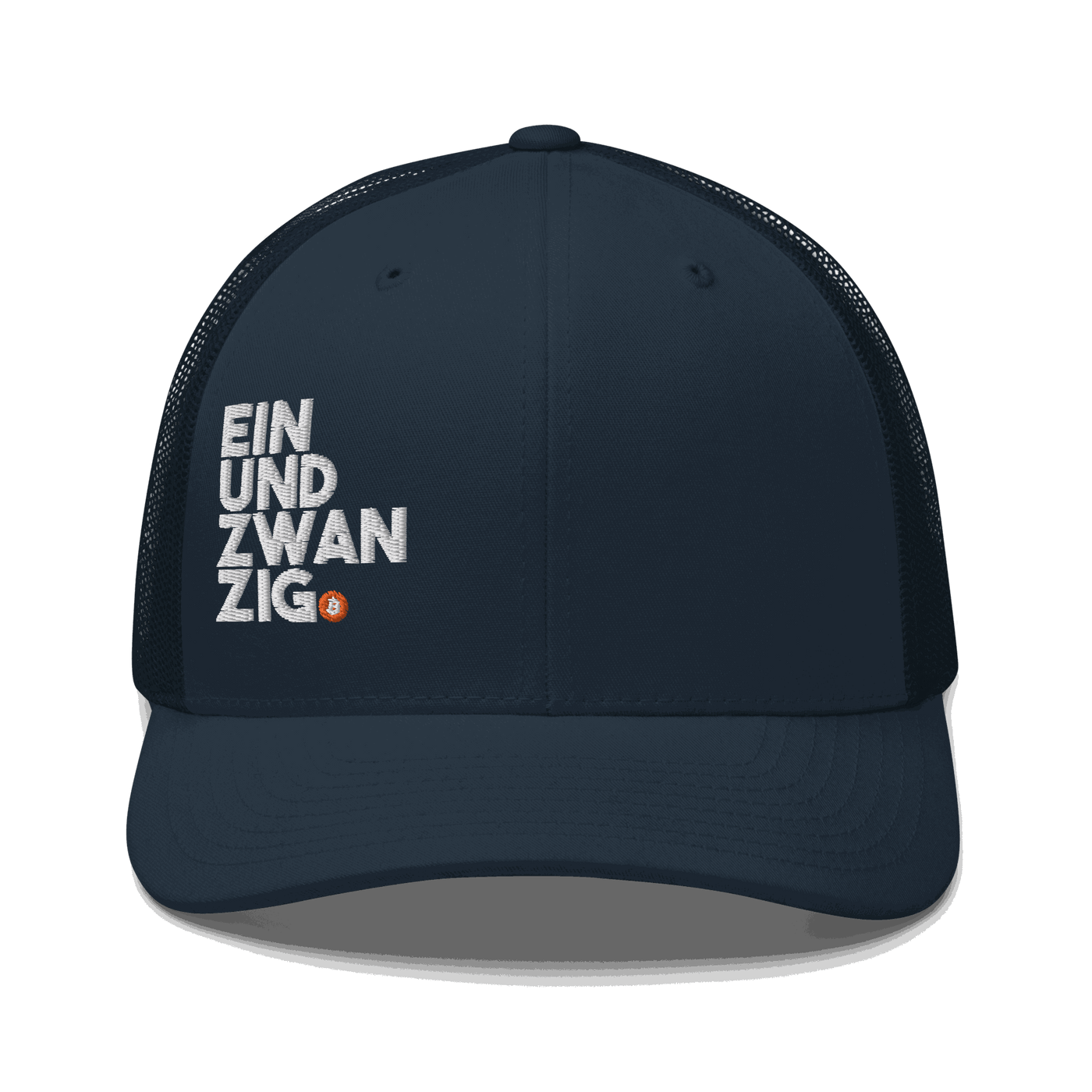 Black six-panel Bitcoin trucker cap with mesh back and embroidered logo