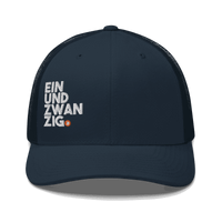 Black six-panel Bitcoin trucker cap with mesh back and embroidered logo