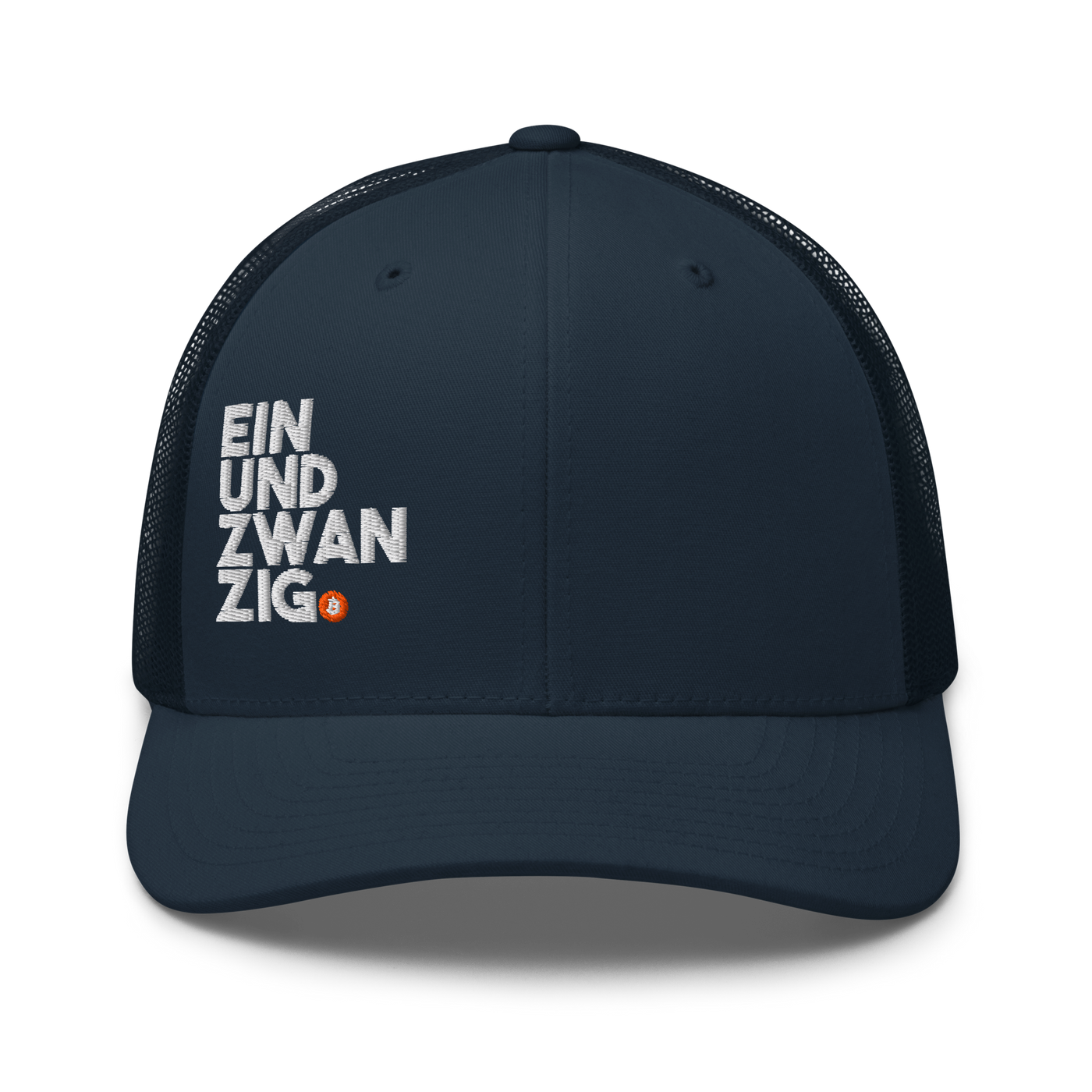 Einundzwanzig bitcoin trucker cap in Navy, front view.