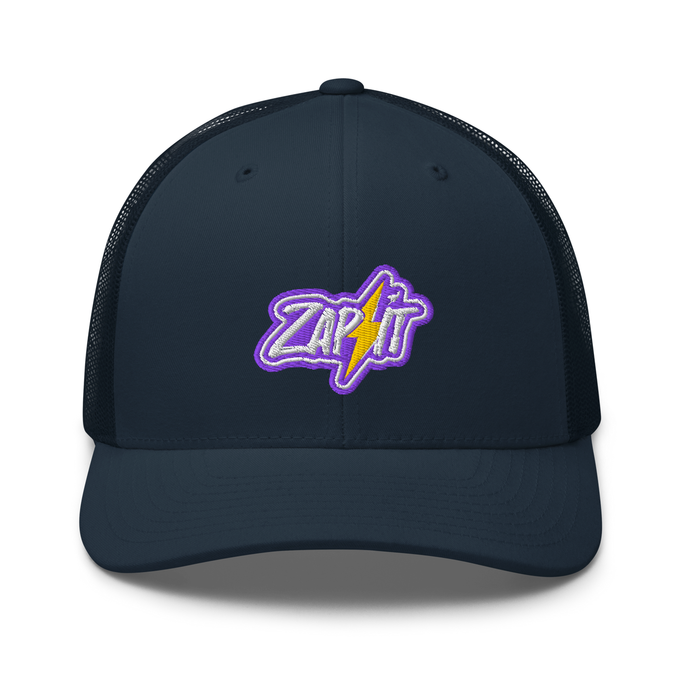 Zap It nostr trucker cap in Navy, front view.