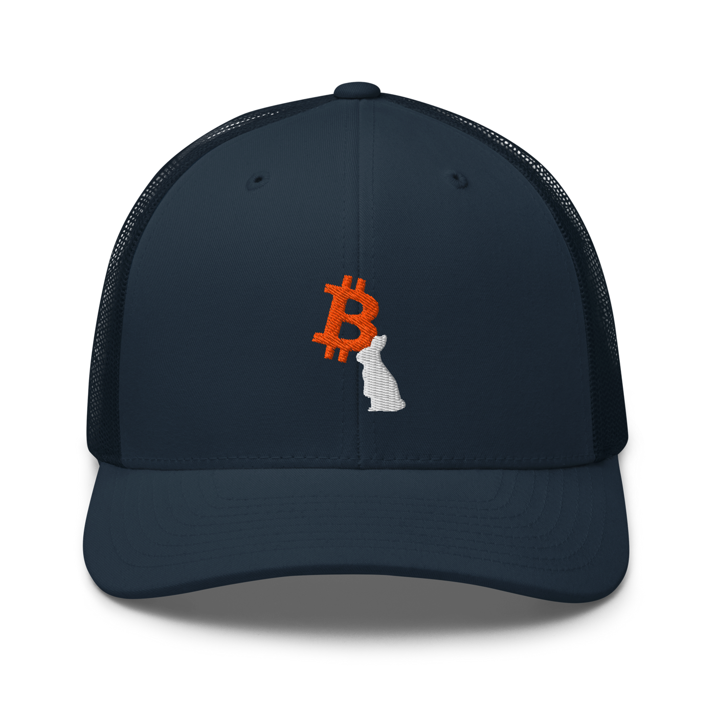 White Rabbit bitcoin trucker cap in Navy, front view.