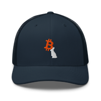 White Rabbit bitcoin trucker cap in Navy, front view.