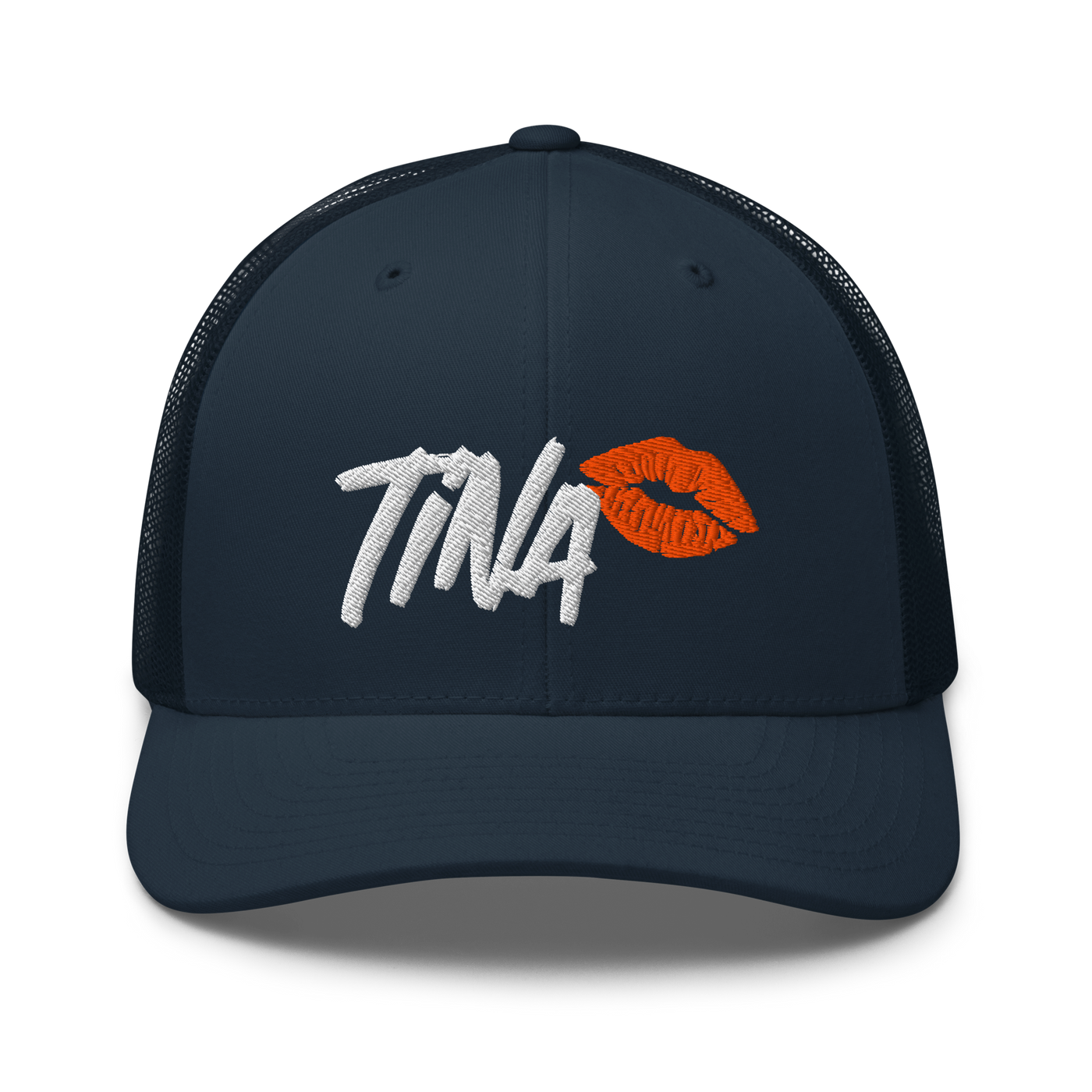 TINA bitcoin trucker cap in Navy, front view.