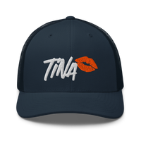 TINA bitcoin trucker cap in Navy, front view.