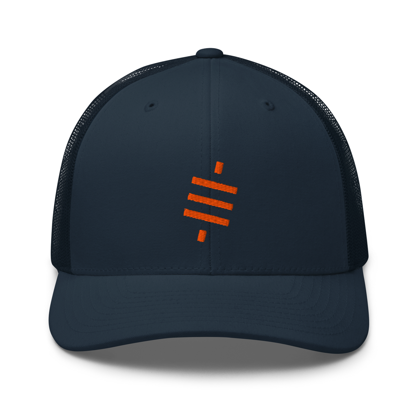 Sats symbol bitcoin trucker cap in Navy, front view.