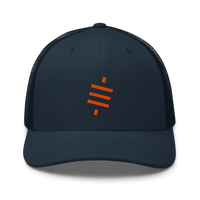 Sats symbol bitcoin trucker cap in Navy, front view.