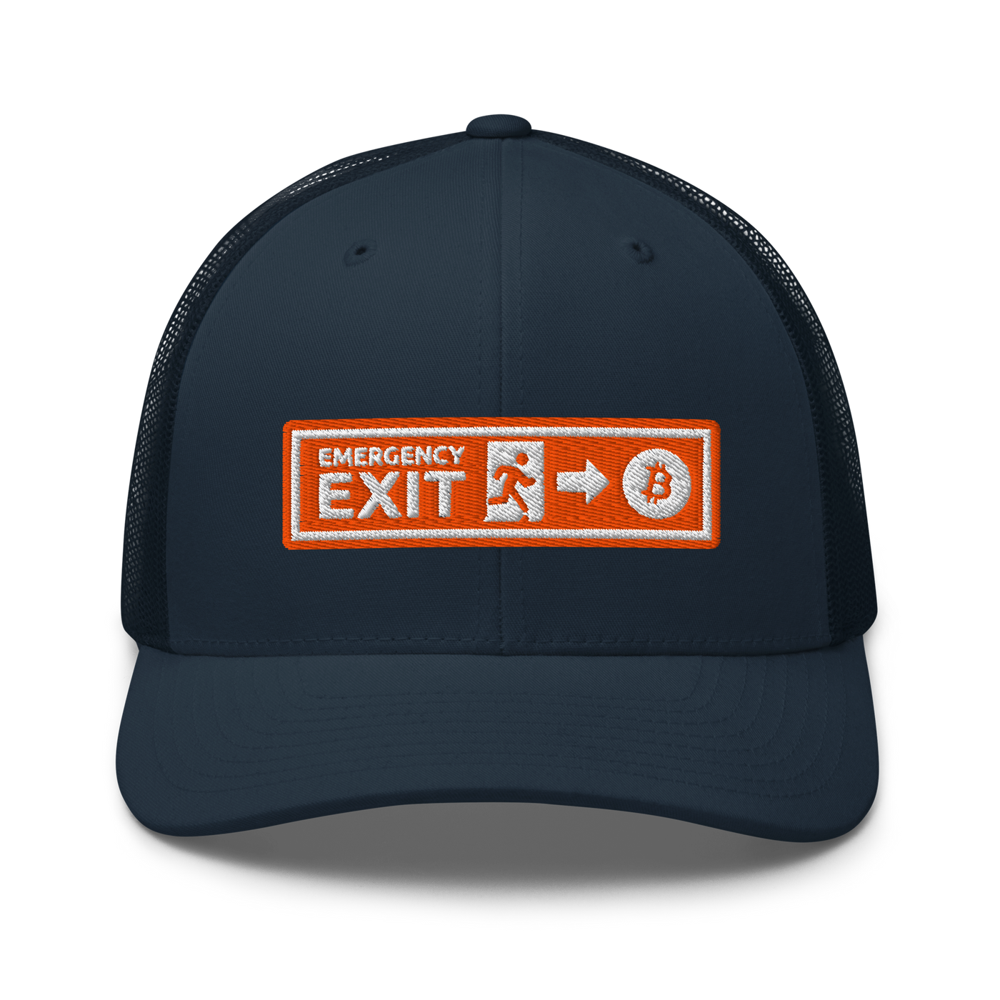 Emergency Exit bitcoin trucker cap in Navy, front view.
