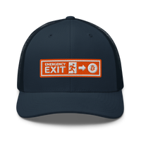 Emergency Exit bitcoin trucker cap in Navy, front view.