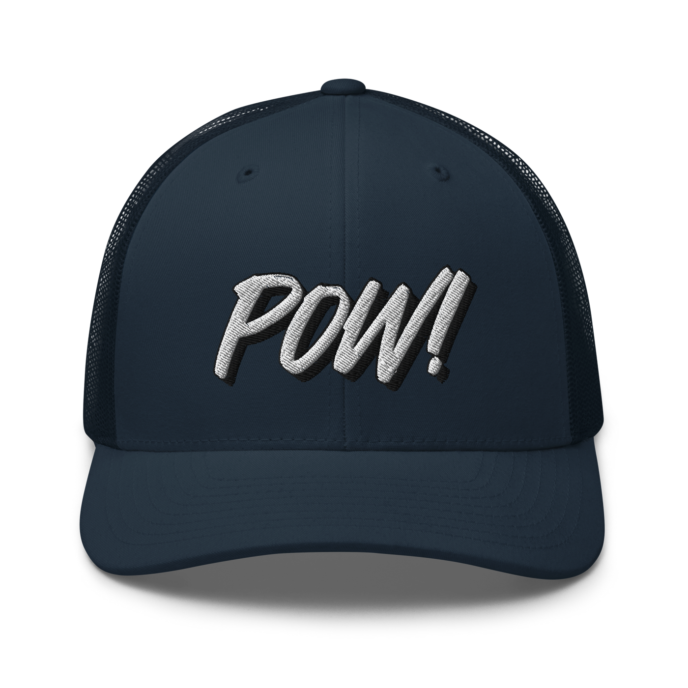POW! bitcoin trucker cap in Navy, front view.