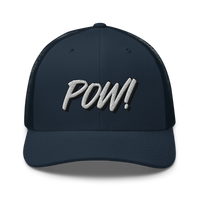 POW! bitcoin trucker cap in Navy, front view.