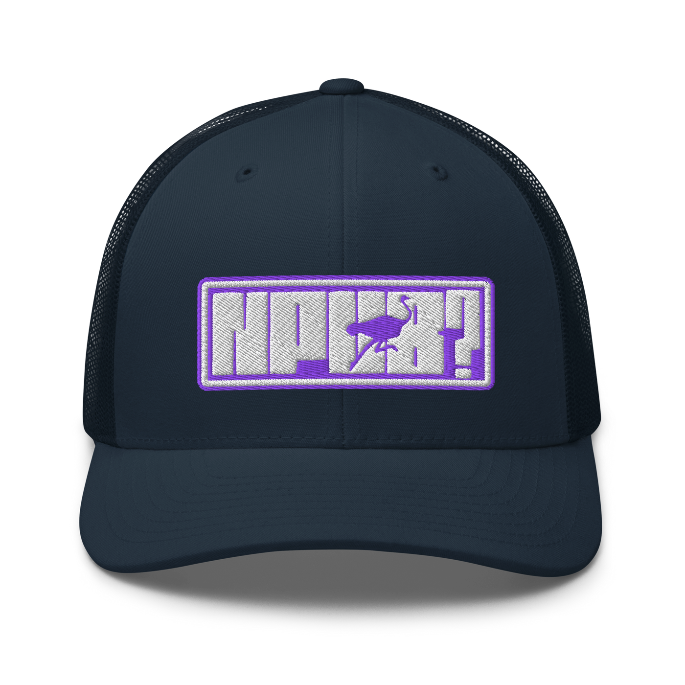 nPub? nostr trucker cap in Navy, front view.