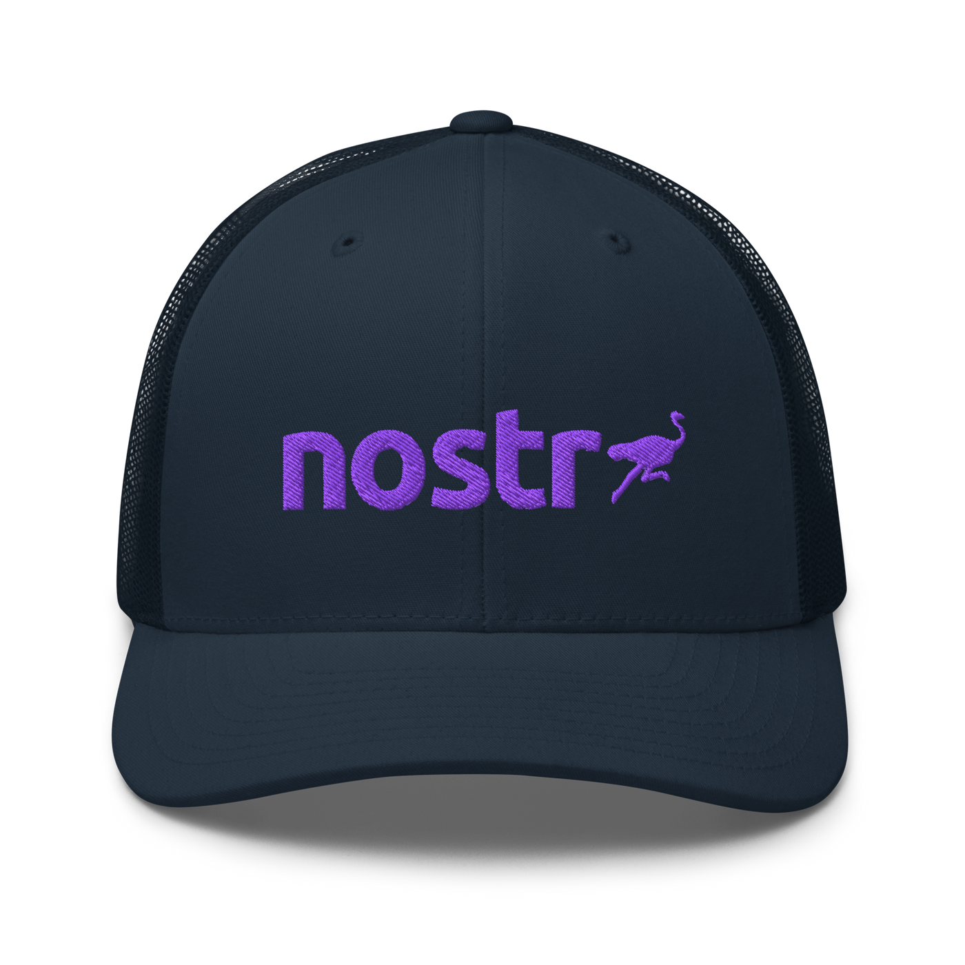 Nostr nostr trucker cap in Navy, front view.