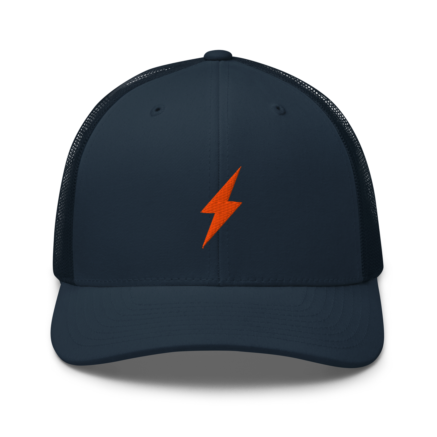 Lightning bitcoin trucker cap in Navy, front view.