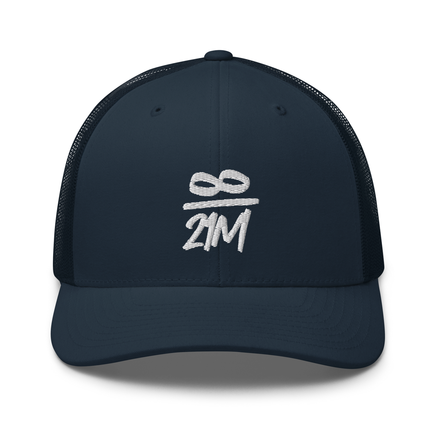 Infinity / 21M bitcoin trucker cap in Navy, front view.