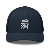 Infinity / 21M bitcoin trucker cap in Navy, front view.