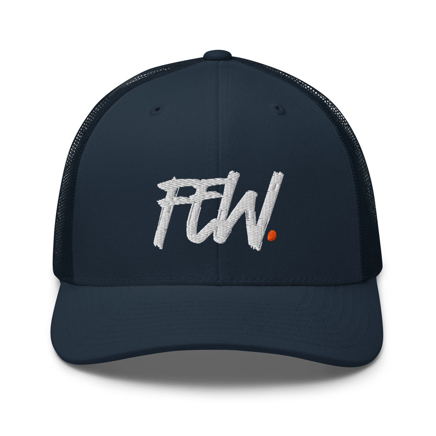 Few. bitcoin trucker cap in Navy, front view.