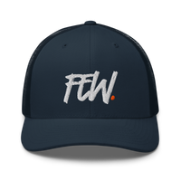 Few. bitcoin trucker cap in Navy, front view.