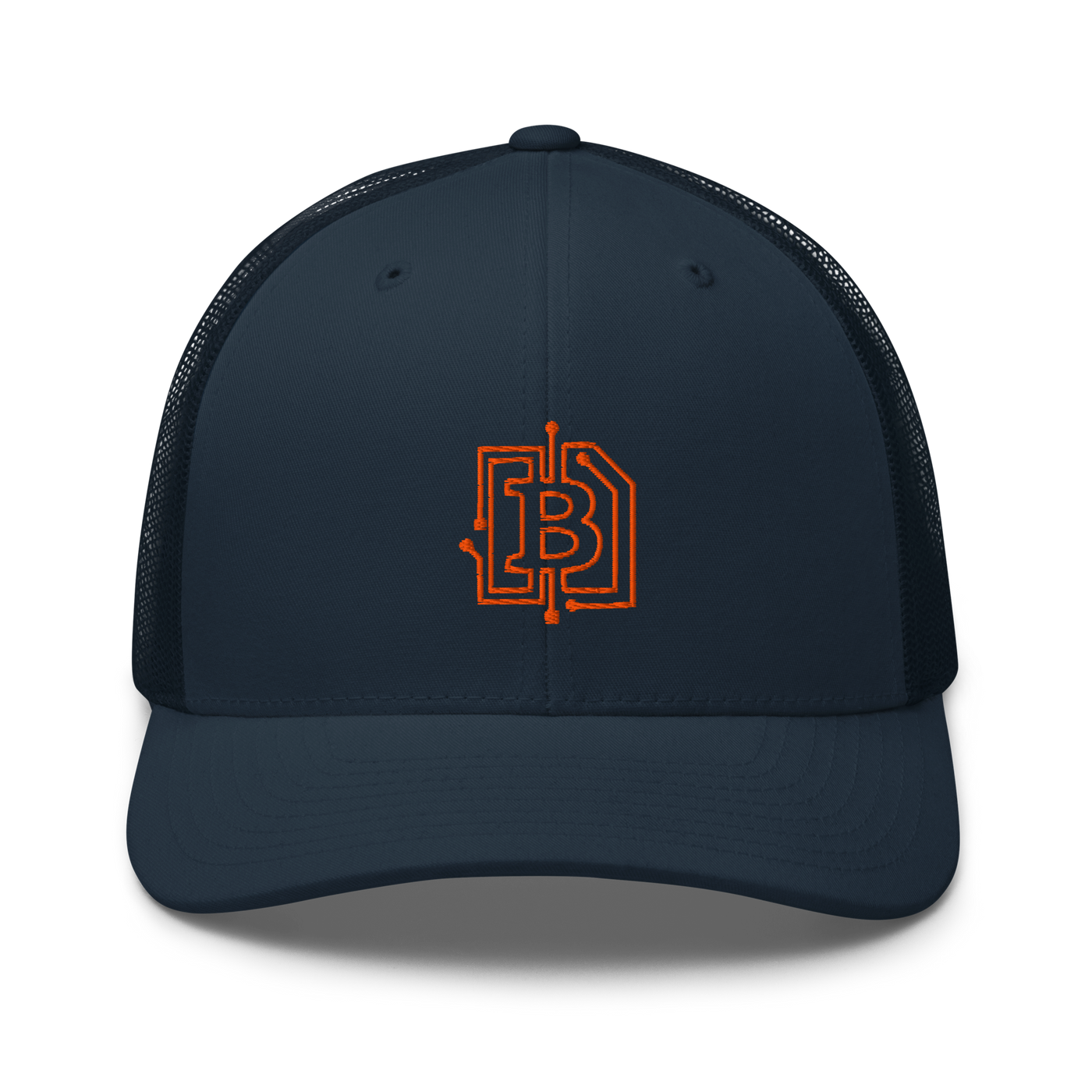 Circuit Board bitcoin trucker cap in Navy, front view.