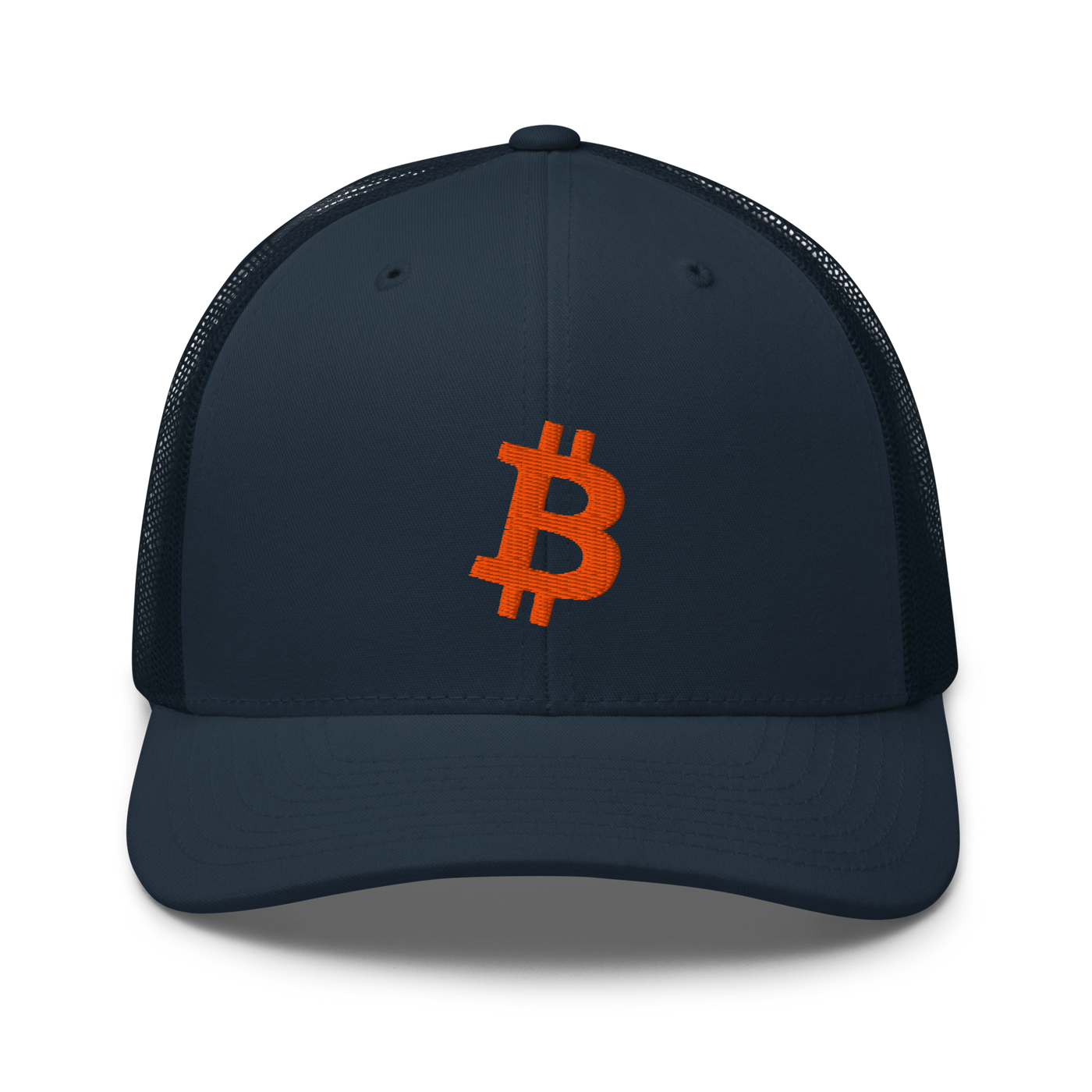 Bitcoin B bitcoin trucker cap in Navy, front view.