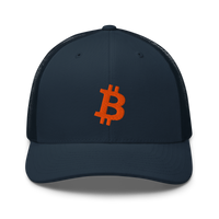 Bitcoin B bitcoin trucker cap in Navy, front view.