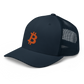 Side view of a navy blue bitcoin trucker cap.