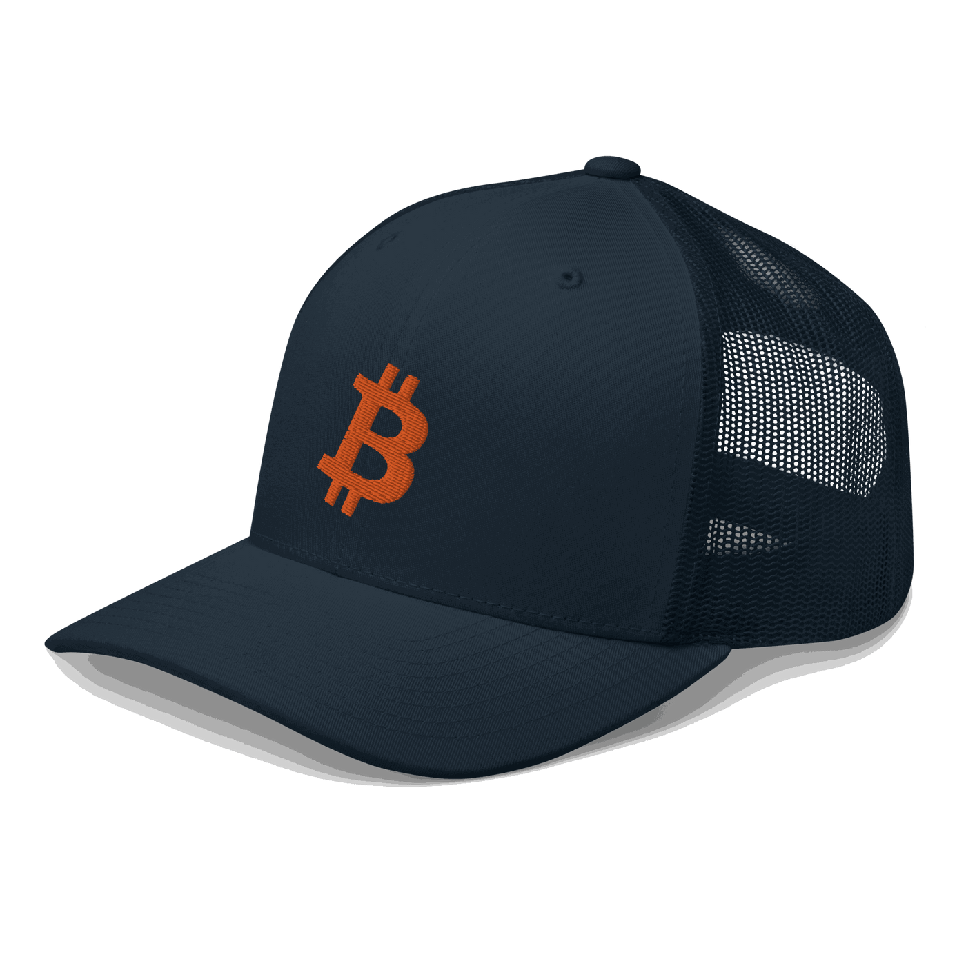 Side view of a navy blue bitcoin trucker cap.
